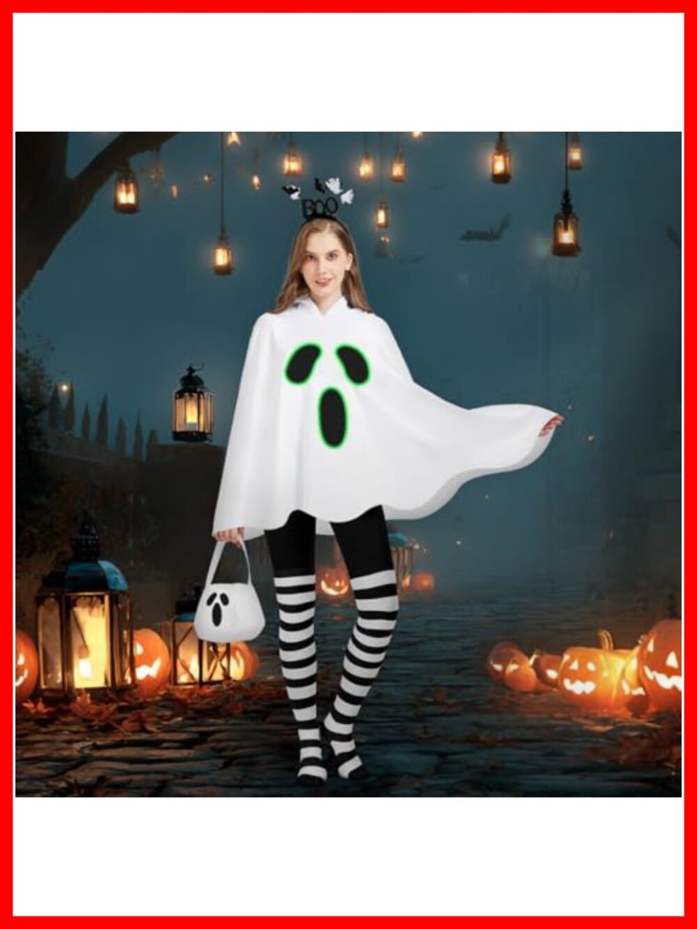 Ghost Poncho Costume Set Glow Dark Hooded Pullover Halloween Cosplay - Picture 4 of 6